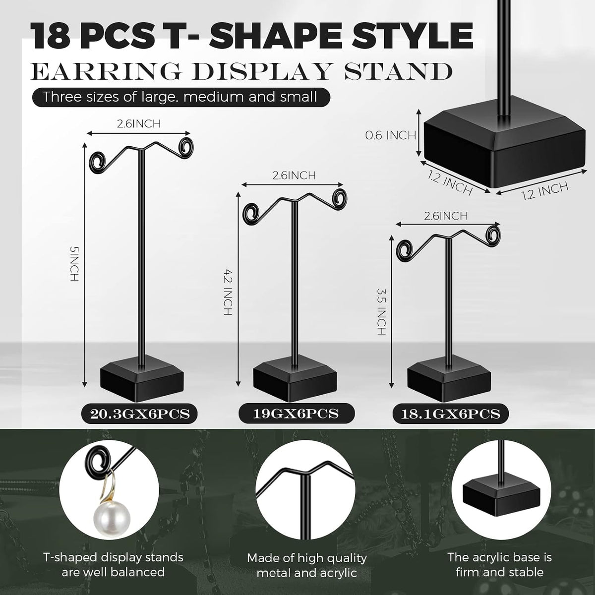 Macarrie 18 Pcs Metal Earring Holder, T Bar Earring Display Stand Black