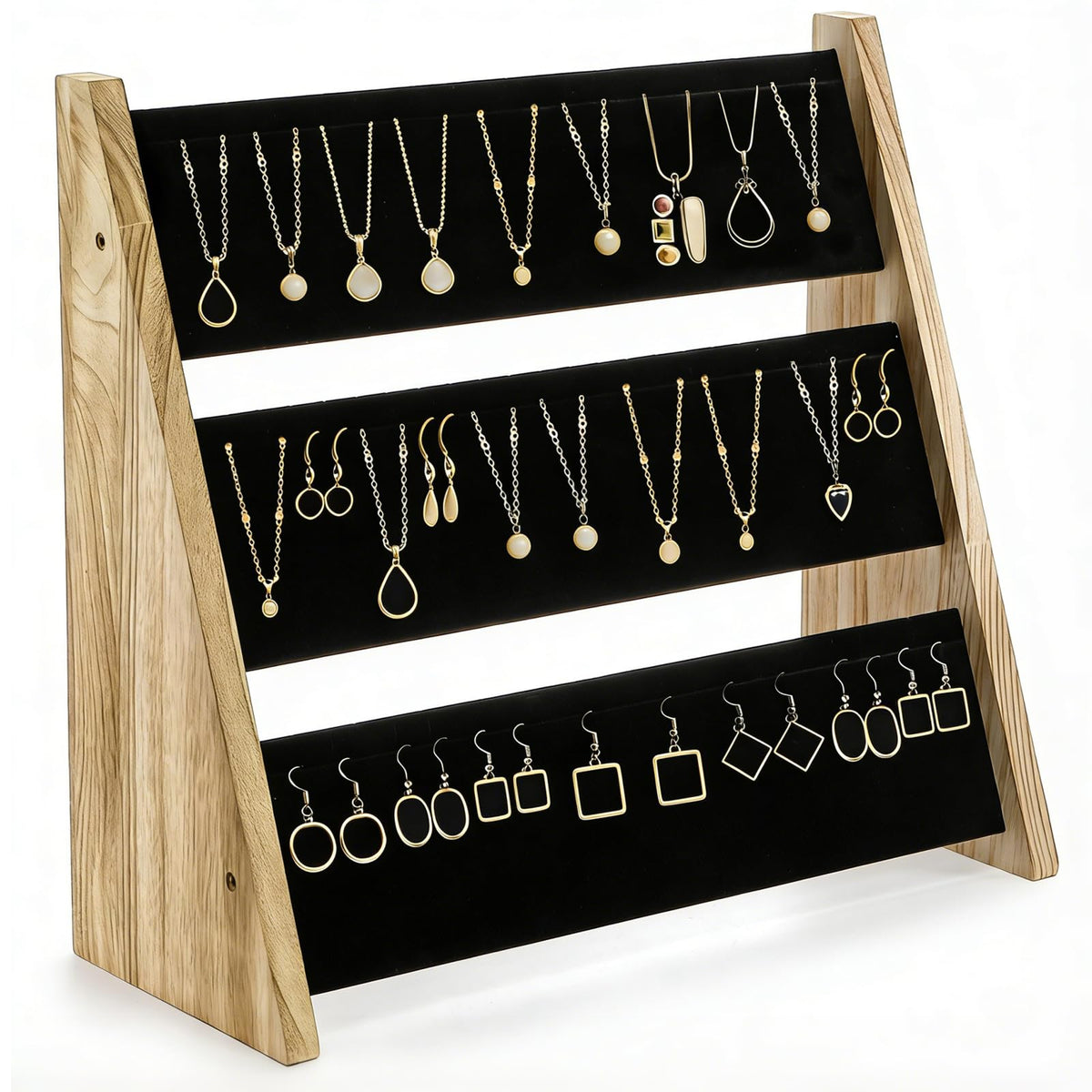 3 Tier Necklace Display Stand, Wood Jewelry Holder with Velvet