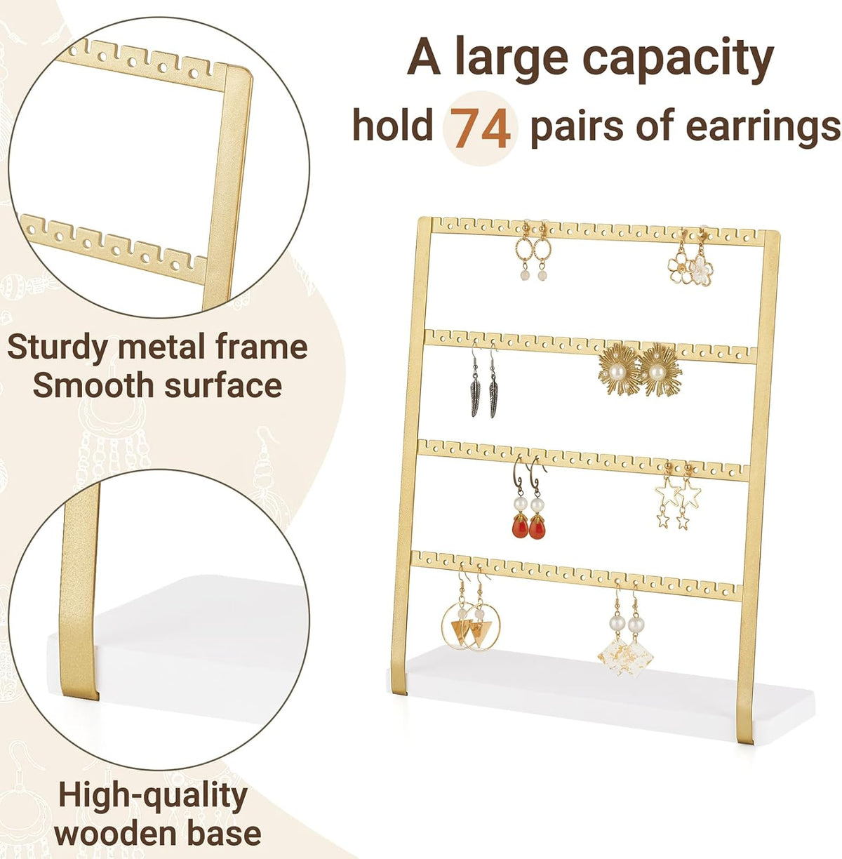 Mkono 4-Tier Earring Holder Organizer Gold Metal Jewelry Display Stand Rack