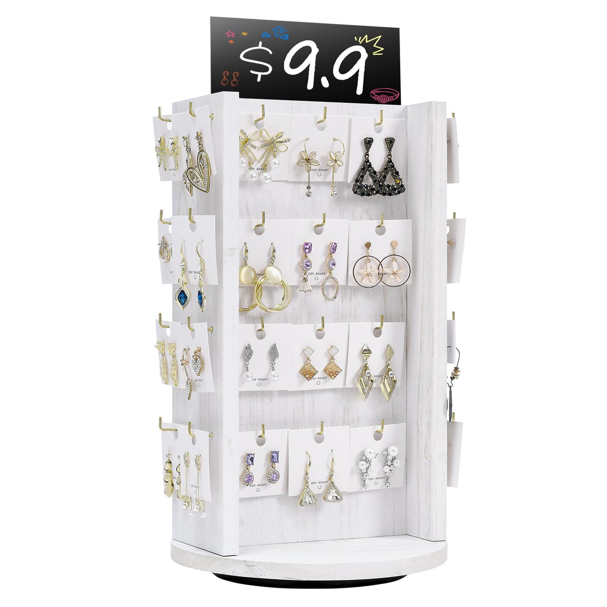Pinzoveco Rotating Earring Display Stands for Selling with Adversitsing Board, Real Wood Jewelry Display Stand for Vendors, Large Capacity Earring Cards for Selling Rack Holder (Carbonized Brown)
