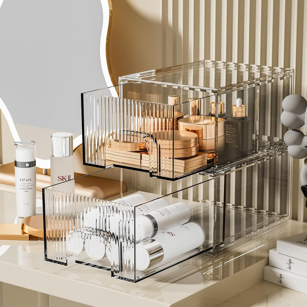 ZHIAI 2 Pack Clear Stackable Cosmetic Organizer, Acrylic Drawer, Plastic Organizer for Dresser, Vanity, Kitchen Cabinet, Pantry, Home Organization and Storage
