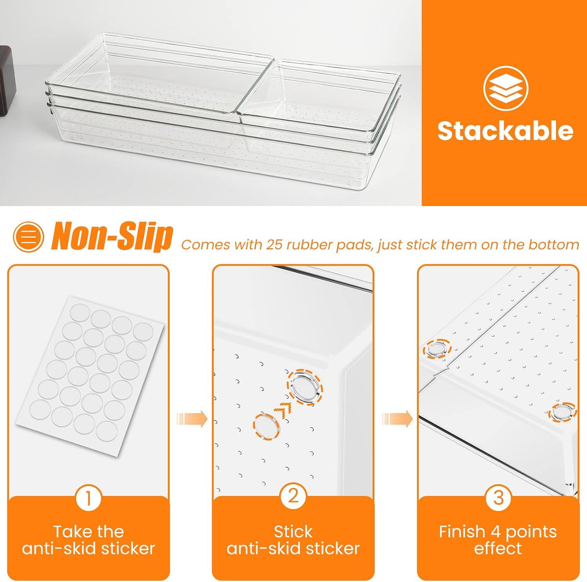 Criusia 6 Pcs Large Size Clear Drawer Organizer Set, Acrylic Non Slip Non Cracking Kitchen Drawer Storage Tray Divider, Multifunctional Storage for Cosmetics, Bathroom, Tools, Kitchen and Office