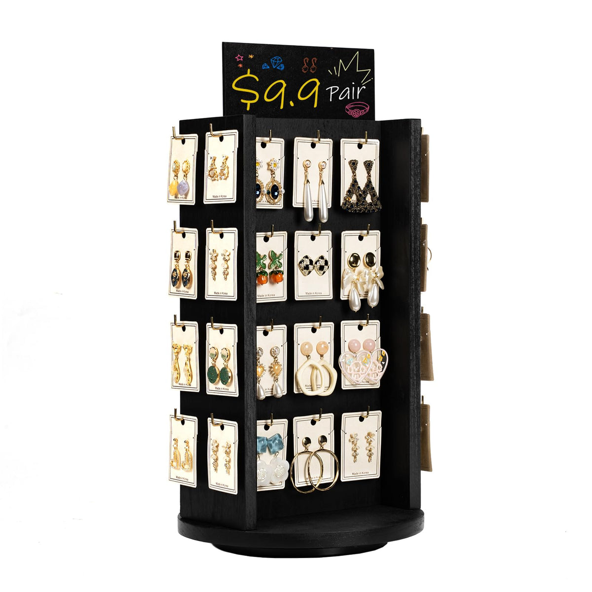 Pinzoveco Rotating Earring Display Stands for Selling with Adversitsing Board, Real Wood Jewelry Display Stand for Vendors, Large Capacity Earring Cards for Selling Rack Holder (Carbonized Brown)