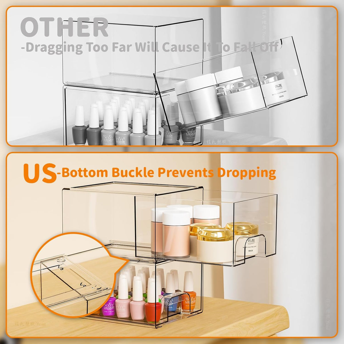 Yieach 4 Pack Clear Stackable Storage Drawers,4.4'' Tall Acrylic Drawers