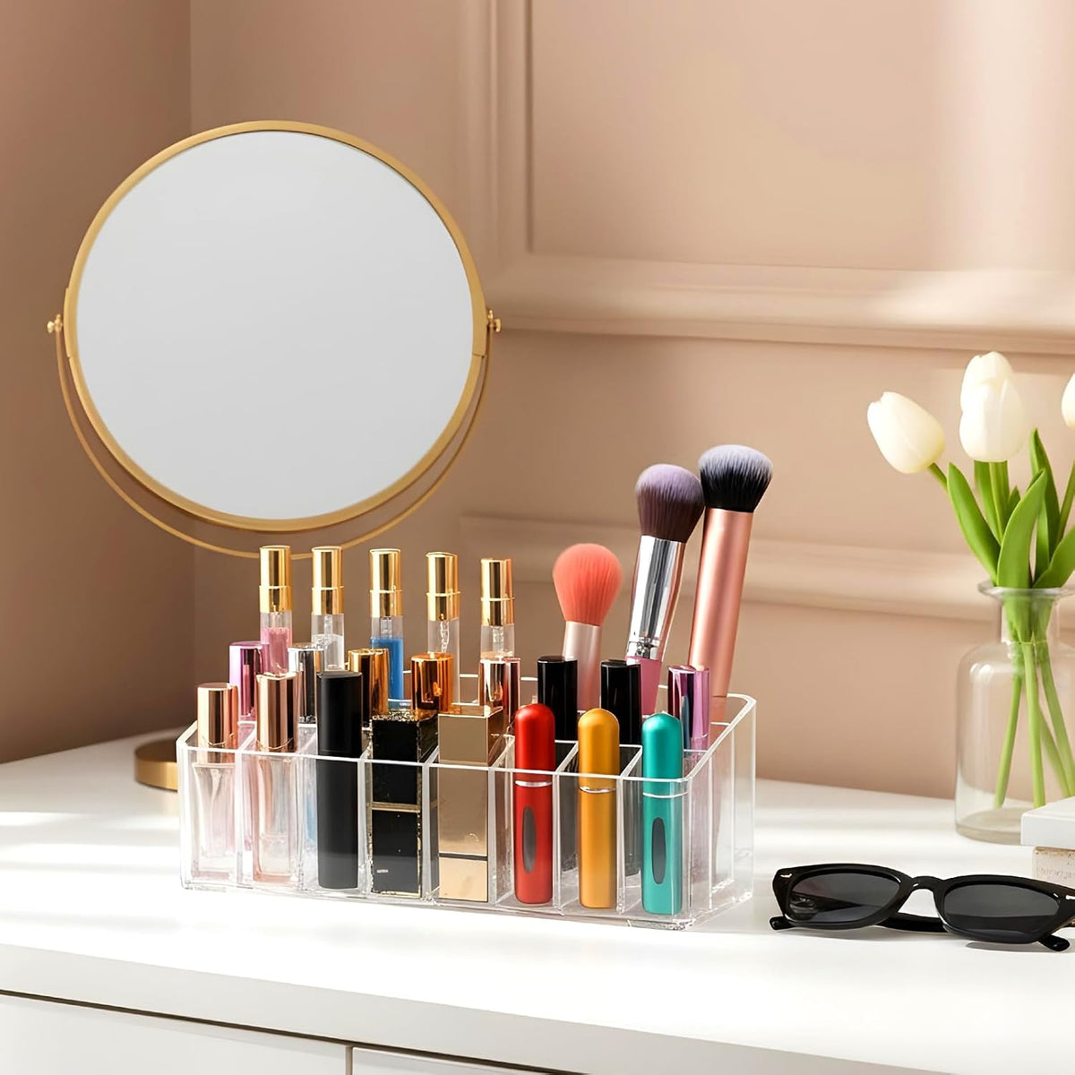 4 Pcs Perfume Organizer, 24 Slots Clear Acrylic Lipstick Organizer, Perfume Storage Holder for Vanity, Makeup Display Case for Lip Gloss Brushes Mascara