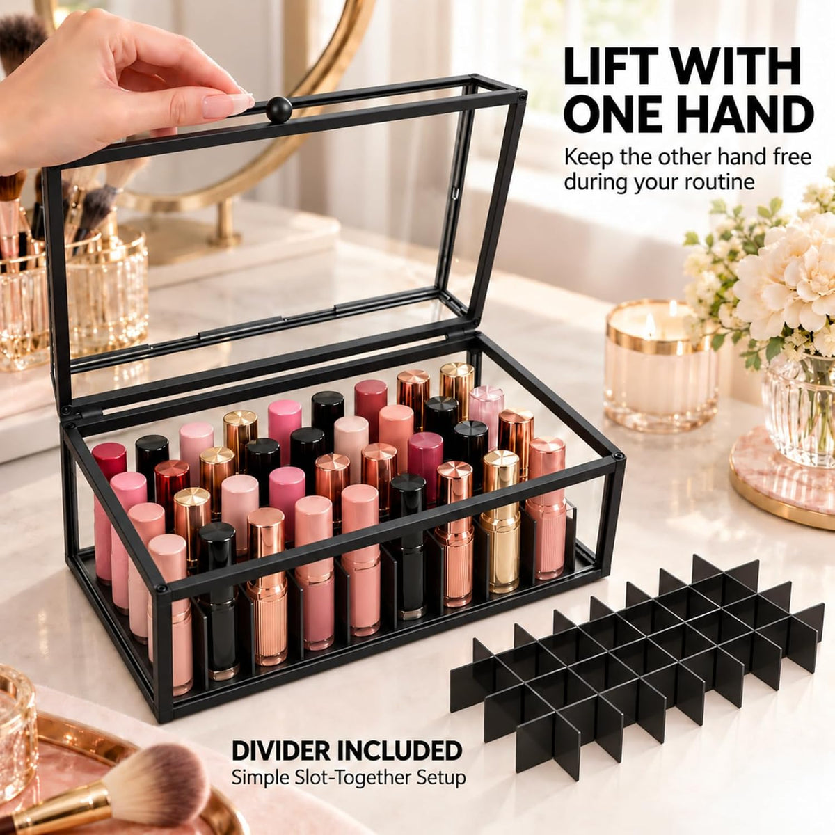 40 Lipsticks Organizer with Lid, Glass Display Box Fits Large Perfume & Skincare, Easy-Access Organiser for Vanity Countertop, Multifunctional Display Box in Any Rooms