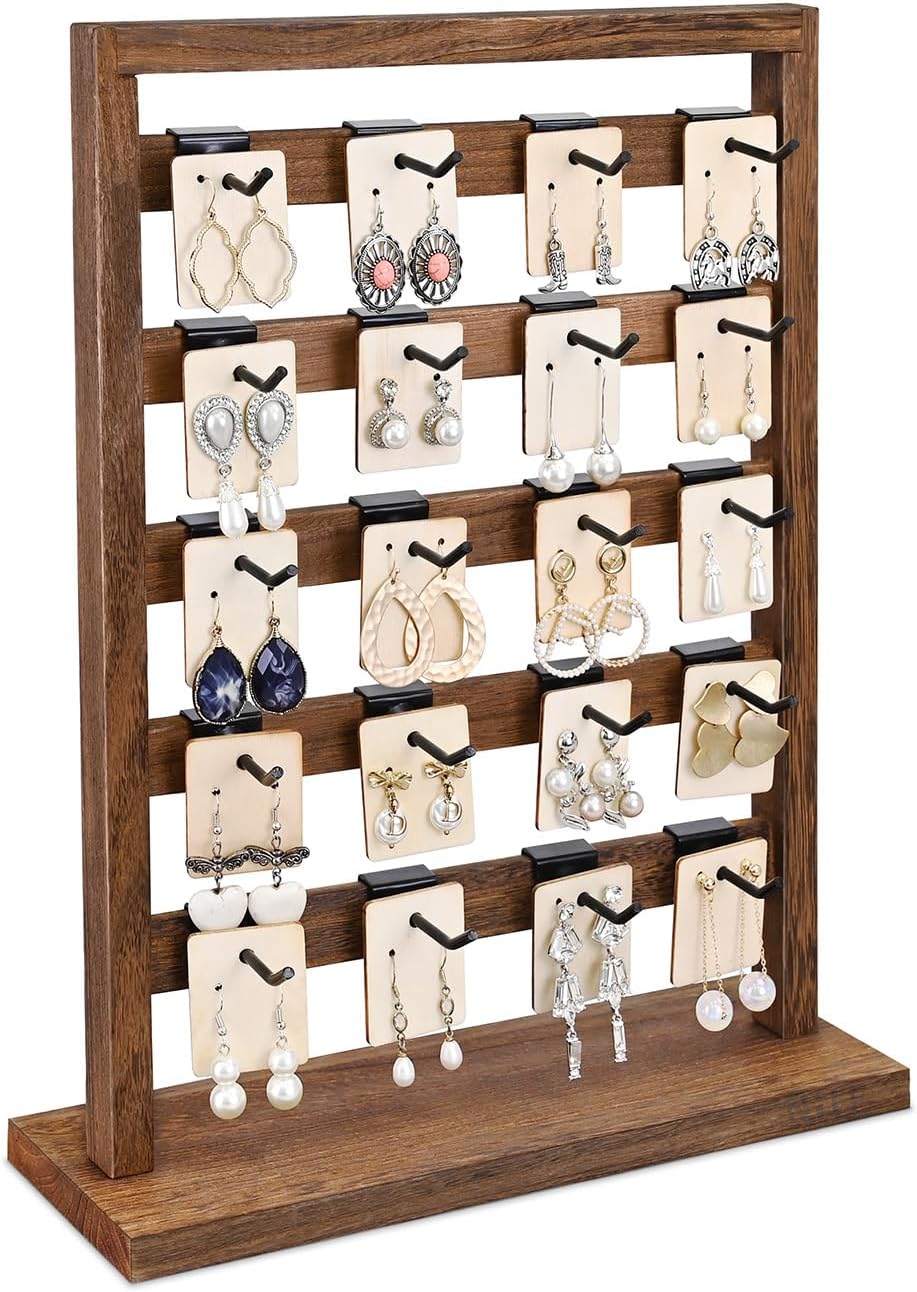 Ikee Design 5 Tiers Free Assemble Wooden Jewelry Display Rack with 20 Removable Metal Hooks,Earring Card Display Stand,Jewelry Organizer,Bracelet Organizer,Keychain Display Stand,Brown Color
