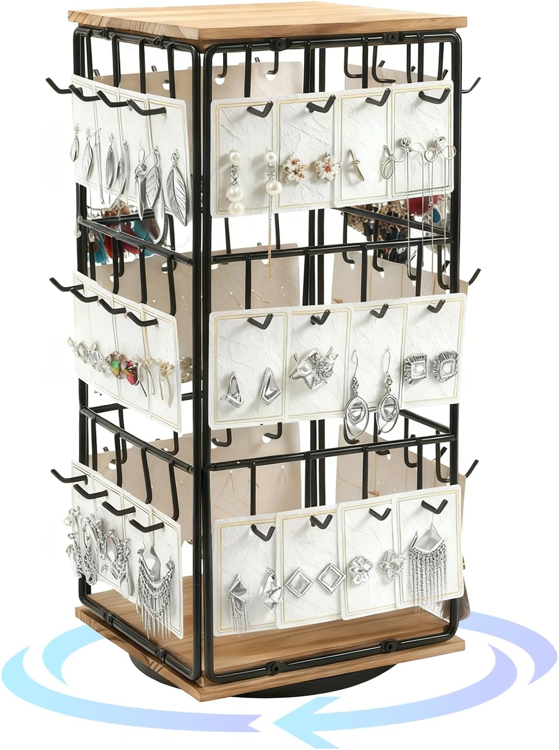 Rotating Earring Display Holder Stand for Vendors Events Selling, Large Capacity 48 Hooks Jewelry Rack with Wooden Base for Earring Card Sales, Enhances Retail Visibility
