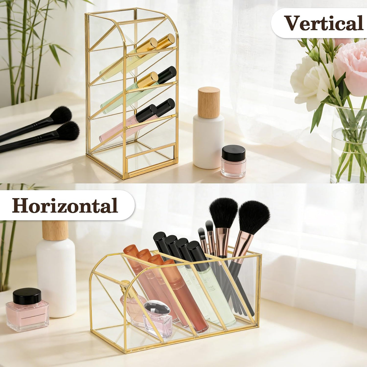 Rollerball Perfume Organizer, 5 Compartment Slanted Fragrance Organize, Glass Lipstick Organizer, Beauty Scent Holder, Clear