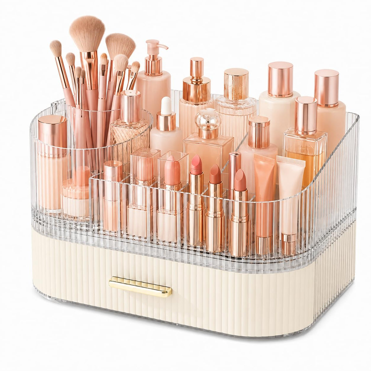 360° Rotating Makeup Organizer with Drawer, Clear Acrylic Cosmetic Storage Display, Stackable Beauty Counter (Clear, Large (Tray + 1 Drawer))