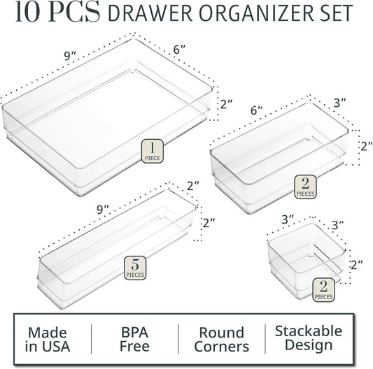 STORi SimpleSort 10-Piece Stackable Clear Drawer Organizer Set | Multi-size Trays | Makeup Vanity Storage Bins and Office Desk Drawer Dividers | Made in USA