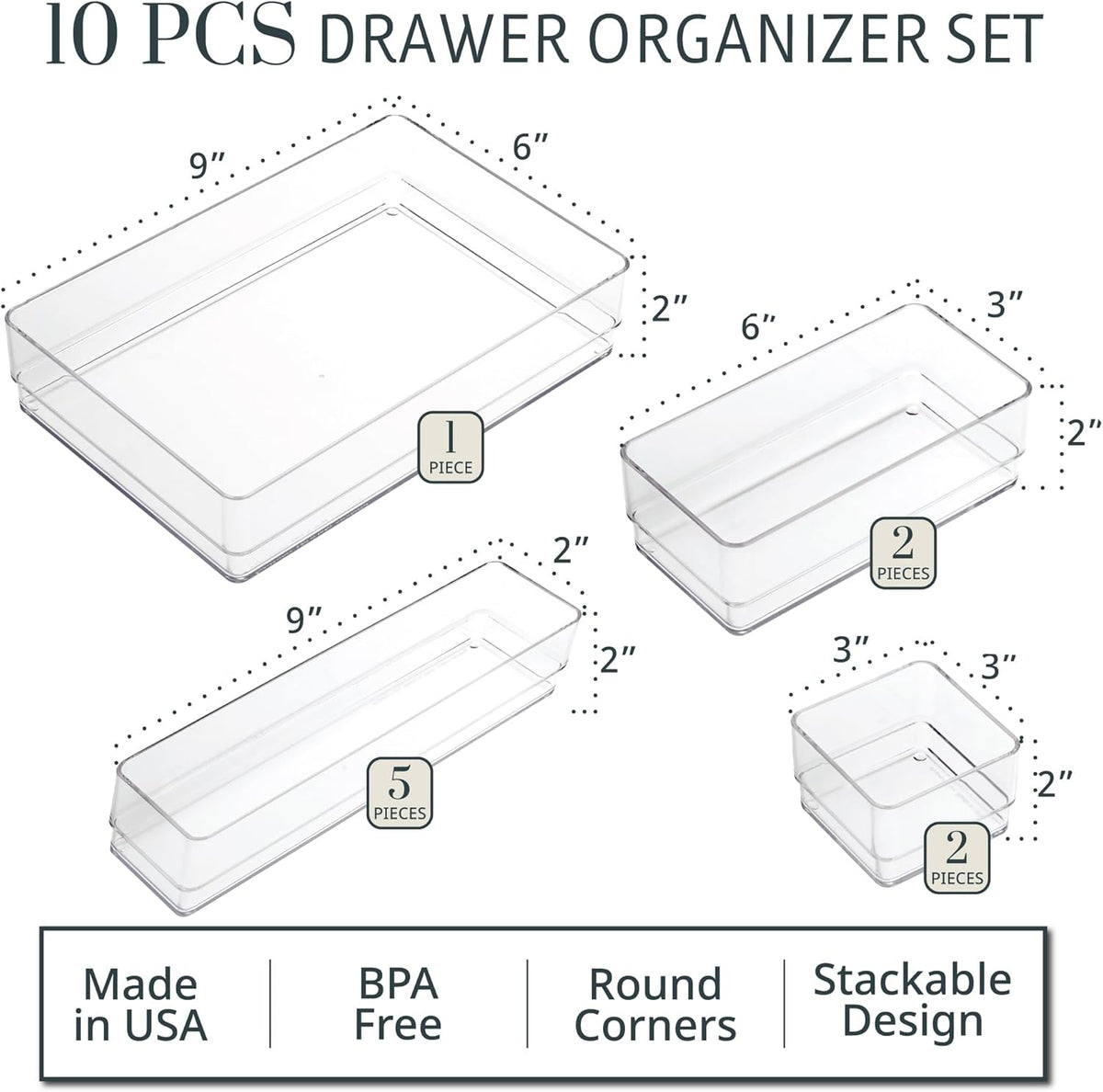 STORi SimpleSort 10-Piece Stackable Clear Drawer Organizer Set | Multi-size Trays | Makeup Vanity Storage Bins and Office Desk Drawer Dividers | Made in USA