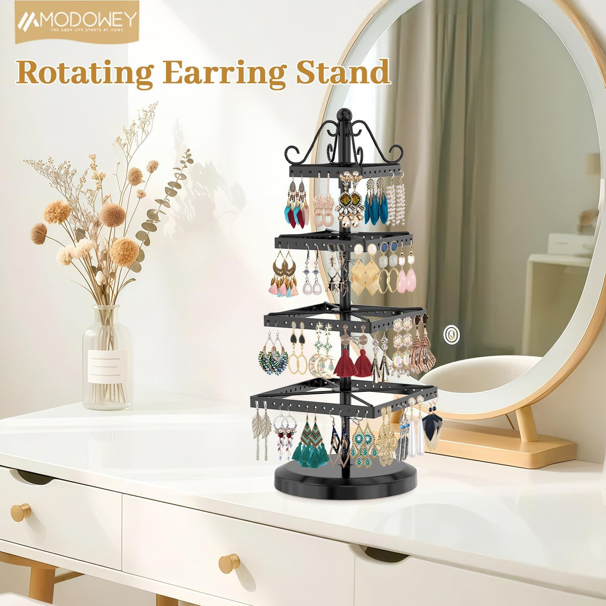 MODOWEY Rotating Earring Holder Organizer Stand Metal Display, 4 Tier Black