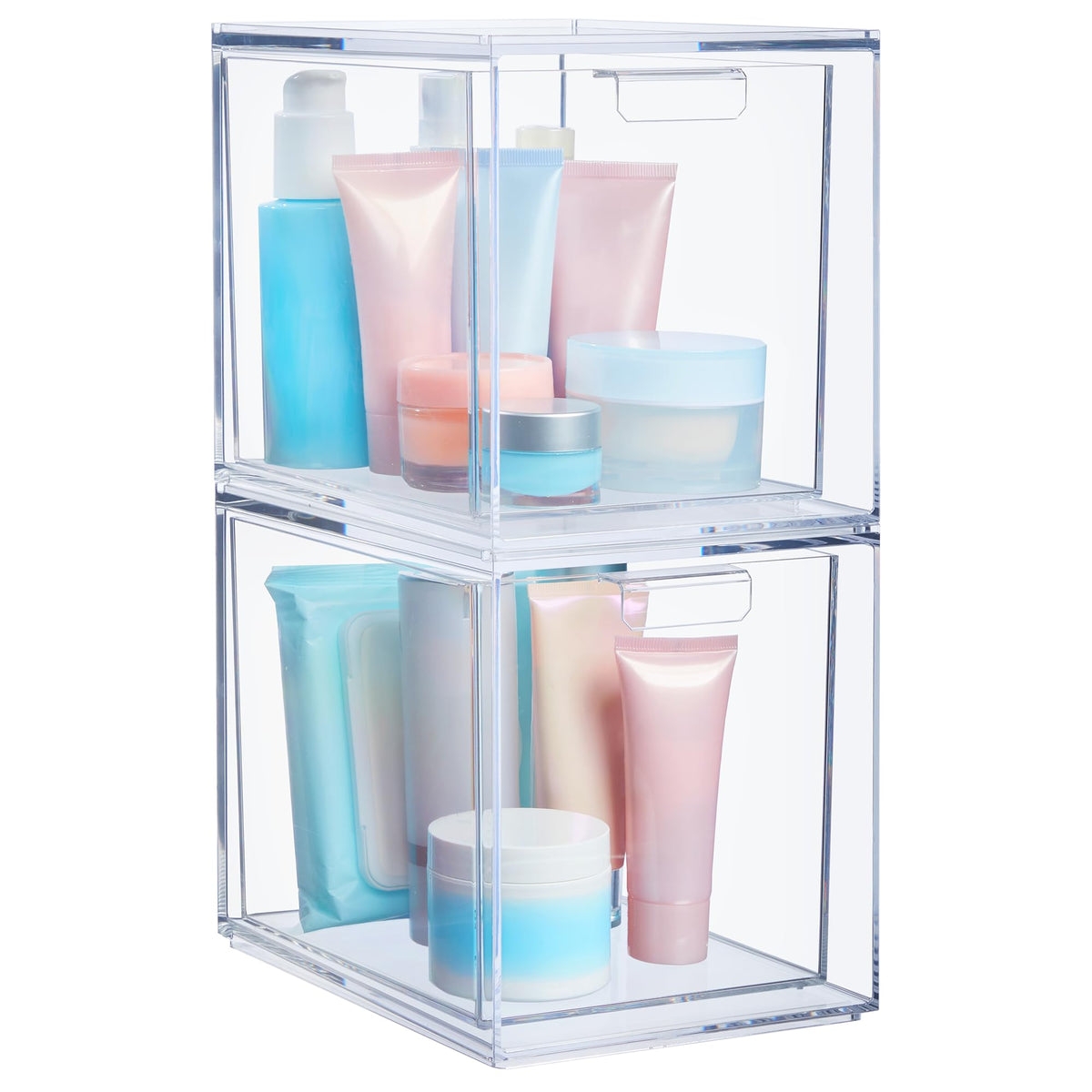 STORi Audrey Stackable Clear Bin Plastic Organizer Drawers | 2 Piece Set | Organize Cosmetics and Beauty Supplies on a Vanity | Made in USA