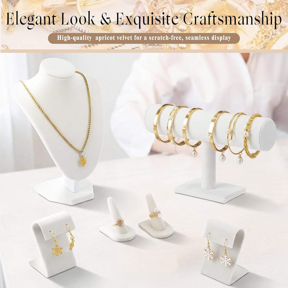Wenqik Velvet Jewelry Display Set Necklace Mannequin Bust T-Bar Bracelet Holder 2 Earring Stands 2 Ring Holders for Showcase (White)