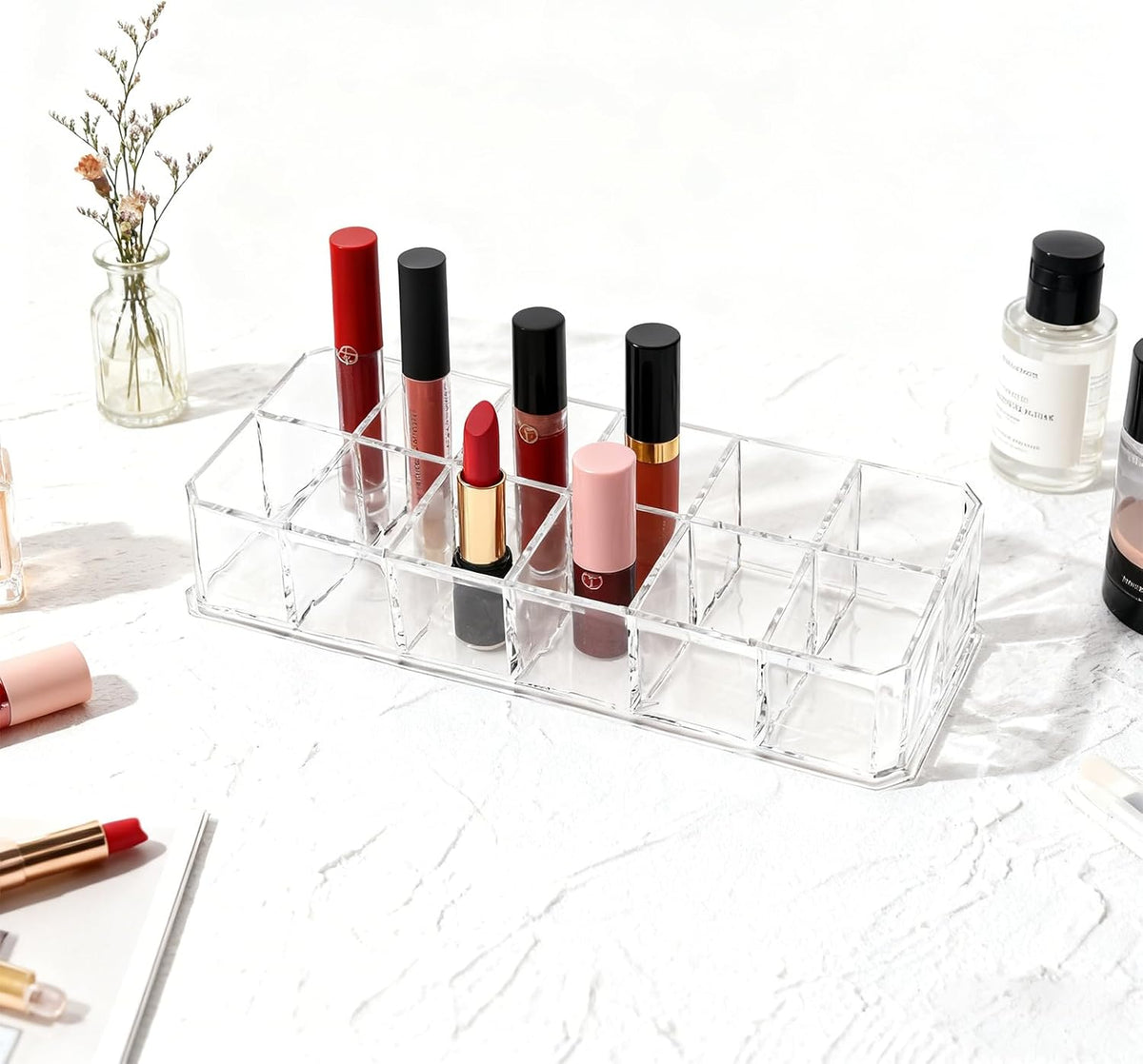 4-Pack 12-Slot Acrylic Lipstick Organizer, Lipstick Holder, Lip Gloss Organizer, Cosmetic Storage Display, Perfect Storage Solution for Drawer, Vanity, Bathroom, and More