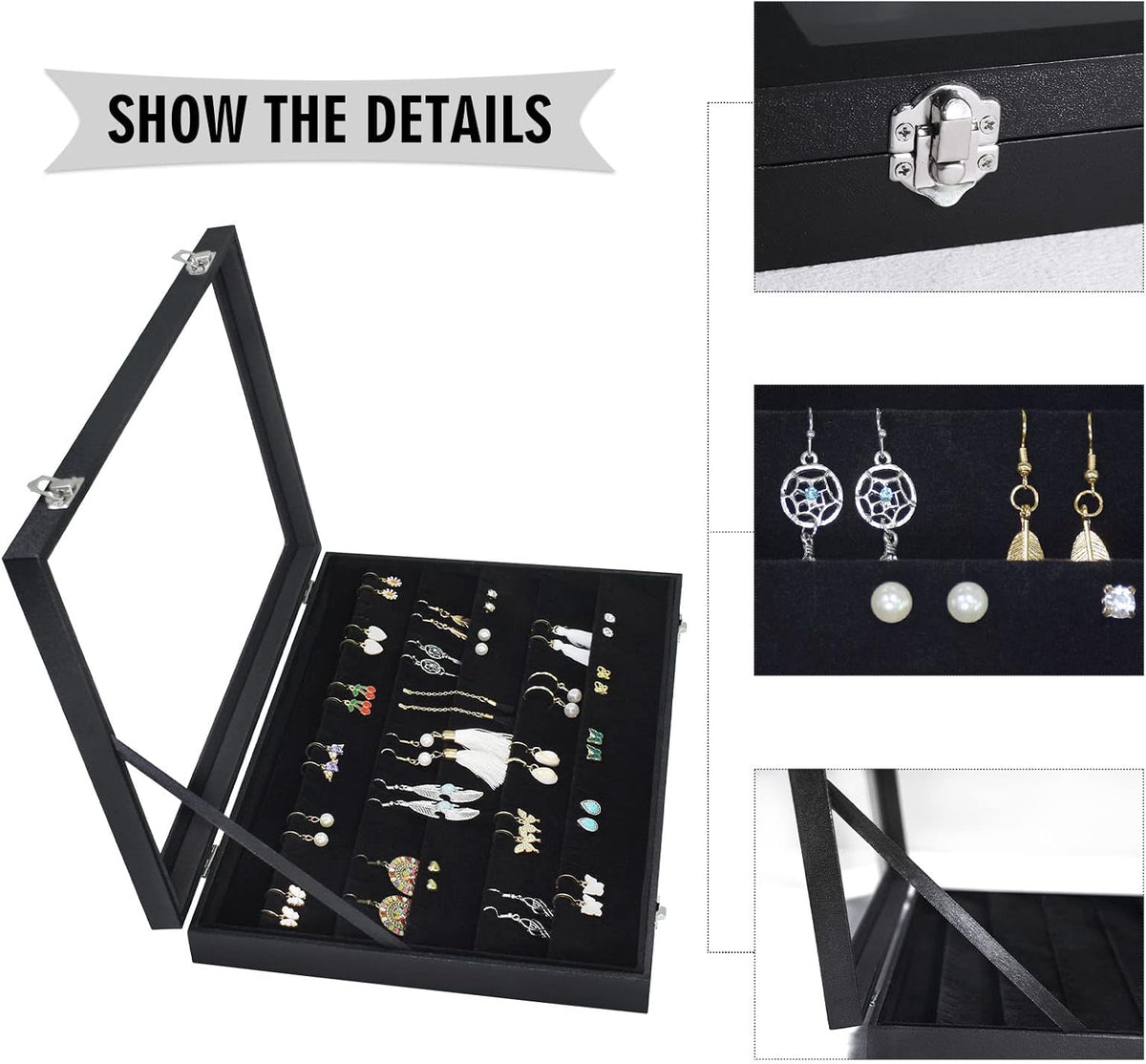Siveit Earring Organizer Tray Velvet Earring Display Organizer Storage Box Premium 110 Slot 55 Pair Earring Display Organizer with Transparent Glass Cover Suitable for Women and Girls (Black)