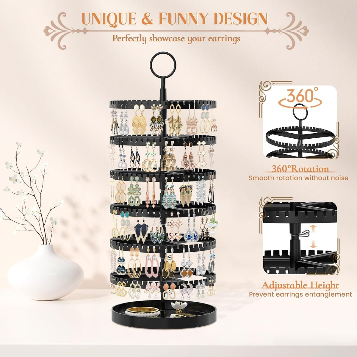 iDavosic.ly 6 Tier Rotating Earring Holder Organizer, Metal Tray, Black