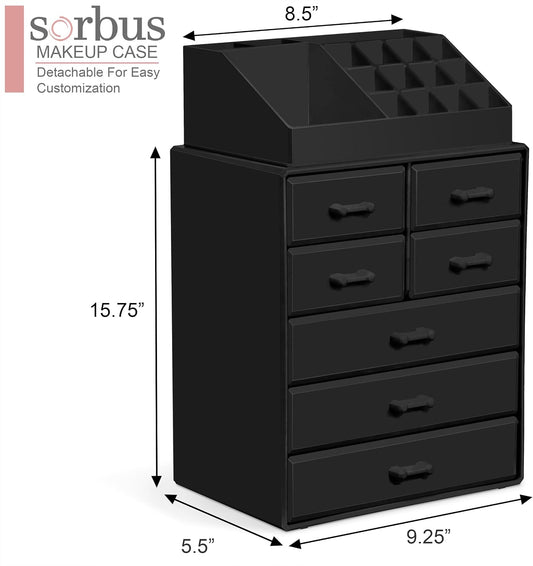 Sorbus Makeup Organizer, Brush Holder and Make Up Storage Drawers - Acrylic Makeup organizer for vanity, Bathroom - Cosmetic Display Cases with 3 large, 4 Small Drawers & 1 Tray for Makeup Brush