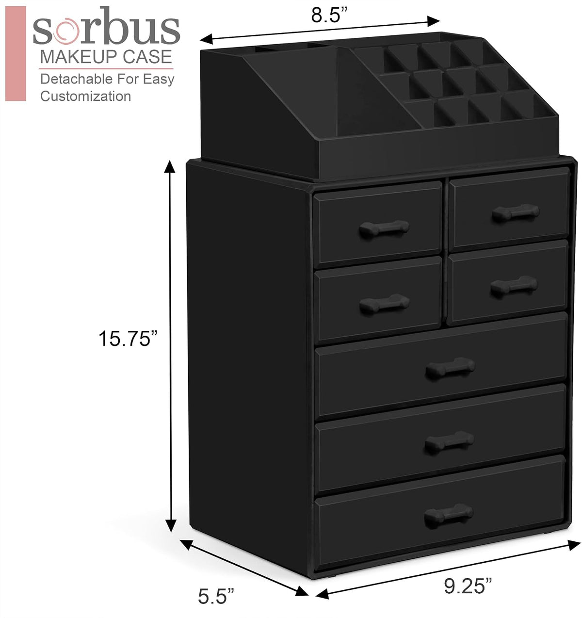 Sorbus Makeup Organizer, Brush Holder and Make Up Storage Drawers - Acrylic Makeup organizer for vanity, Bathroom - Cosmetic Display Cases with 3 large, 4 Small Drawers & 1 Tray for Makeup Brush