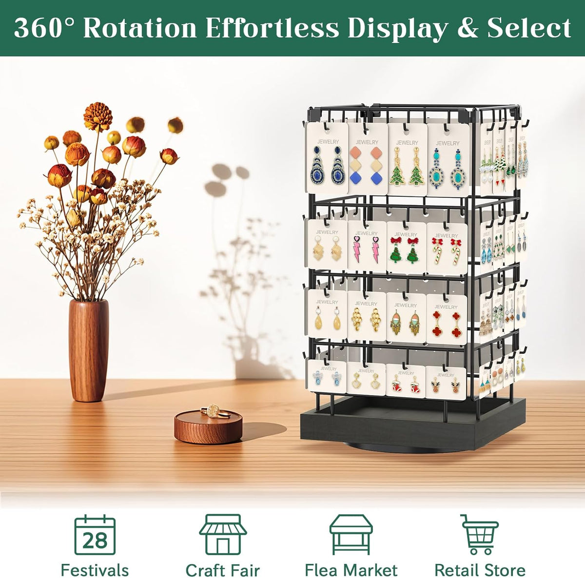 EsLuker.ly Rotating Earring Display Holder Stand for Vendors Selling, Black