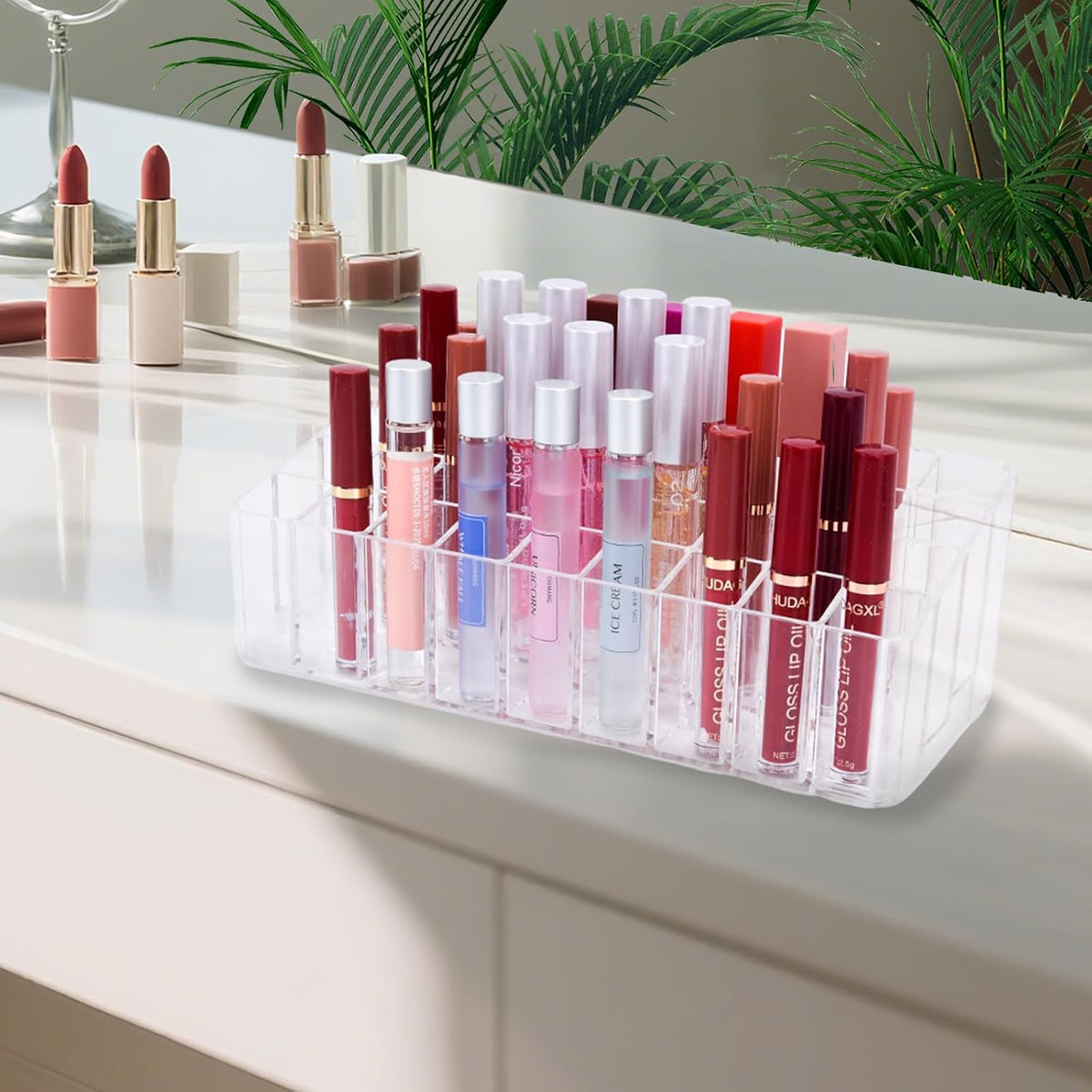 Acrylic Lip Gloss Holder & Rollerball Perfume Organizer for Compact Essential Oil Rollerball Perfume Holder, lipstick organizer Makeup Brush, Lip Balm Display 36 Slots Tubular Storage Display Cabinet
