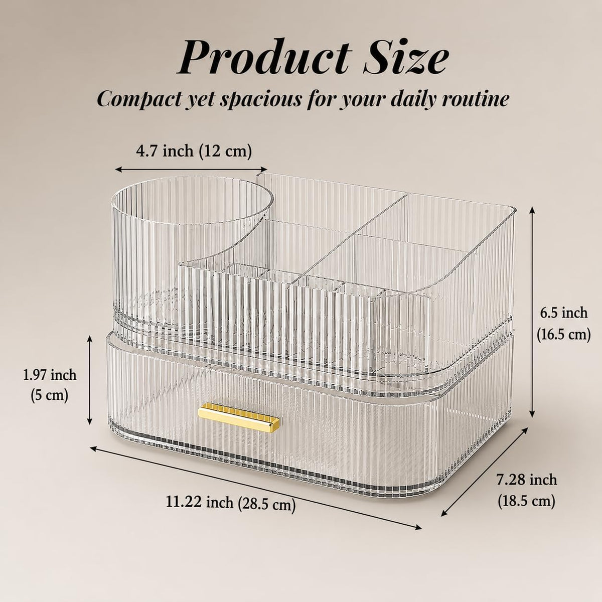 360° Rotating Makeup Organizer with Drawer, Clear Acrylic Cosmetic Storage Display, Stackable Beauty Counter (Clear, Large (Tray + 1 Drawer))