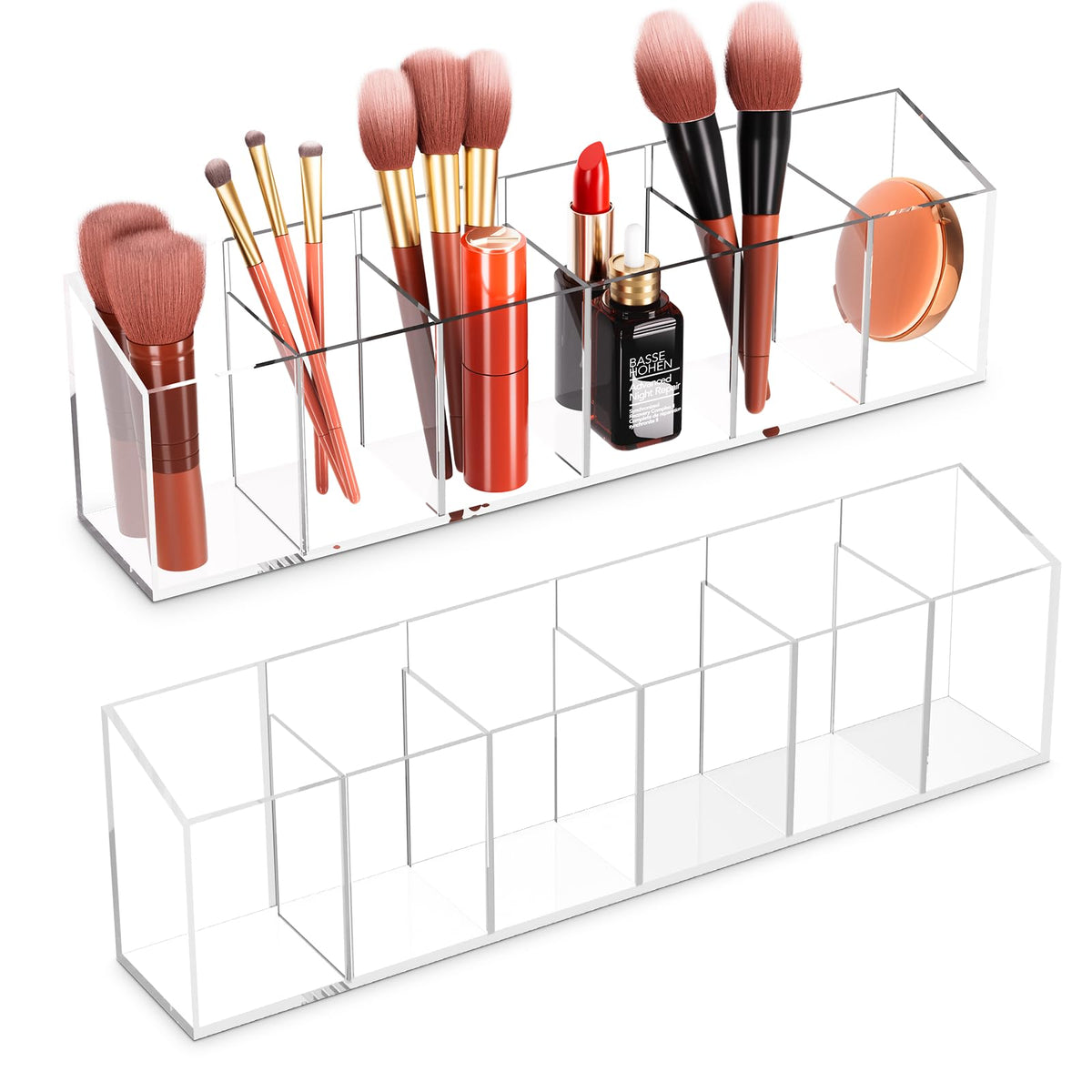 Acrylic 6-Compartment Makeup Organizer 2PCS, Transparent Plastic Makeup Brush Holder, Perfect Bathroom Vanity Storage Solution for Makeup Brushes, Eyebrow Pencils, and More