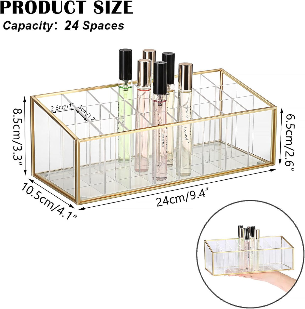 ELLDOO Rollerball Perfume Organizer, 24 Acrylic Spaces Glod Glass Perfume Storage Holder Beauty Scent Holder, Makeup Lipgloss Lipstick Display Case