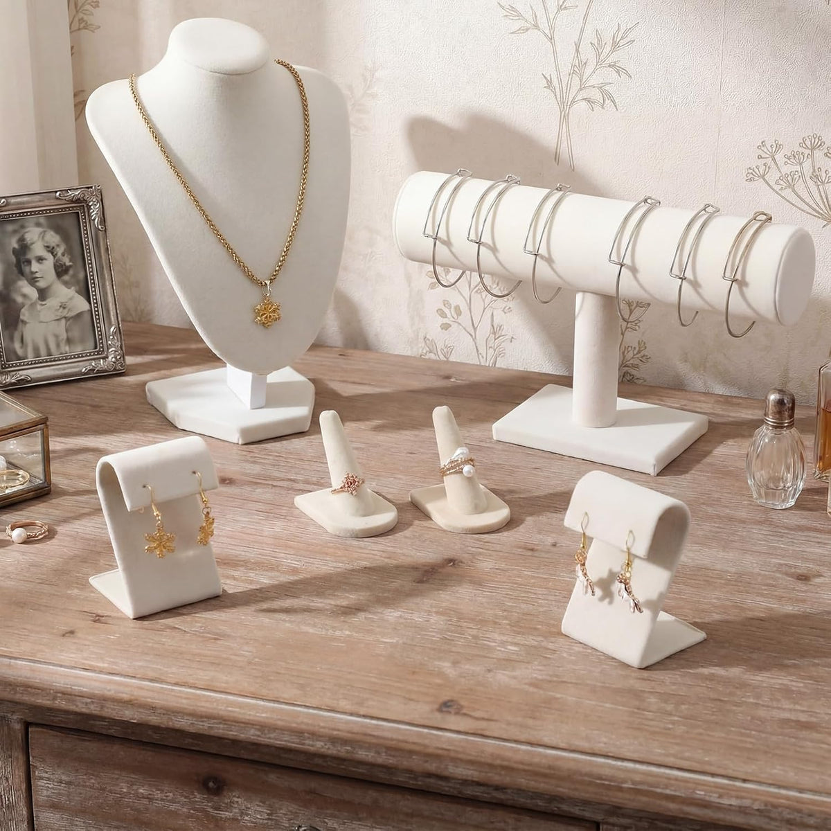 Wenqik Velvet Jewelry Display Set Necklace Mannequin Bust T-Bar Bracelet Holder 2 Earring Stands 2 Ring Holders for Showcase (White)