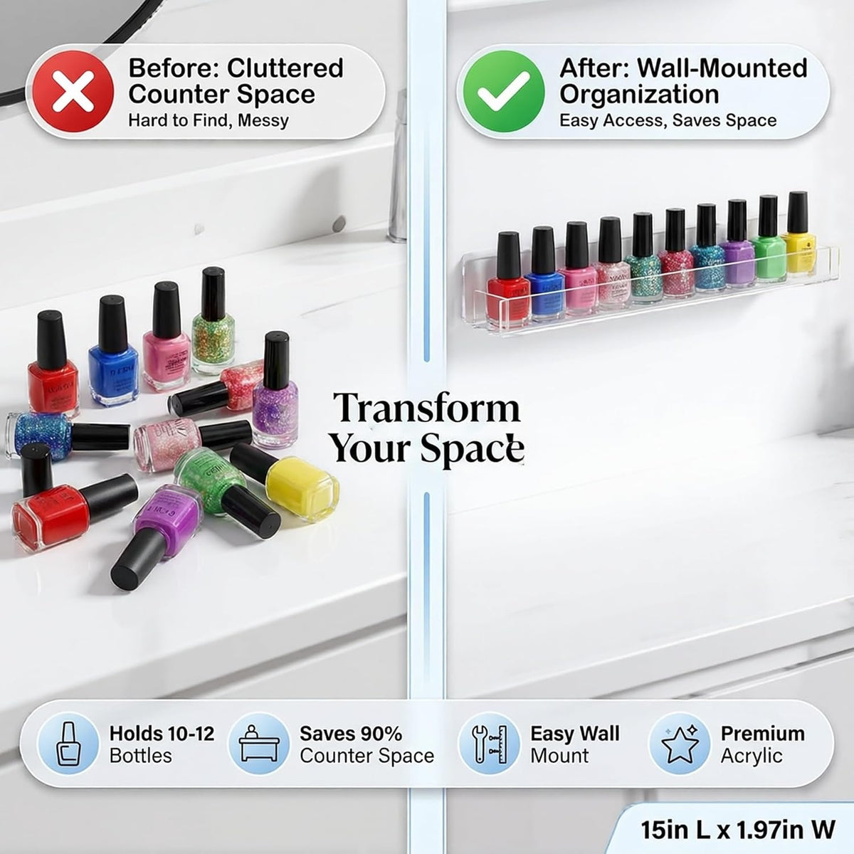 6-Pack Acrylic Nail Polish Wall Rack, 15 Inch Clear Nail Shelves