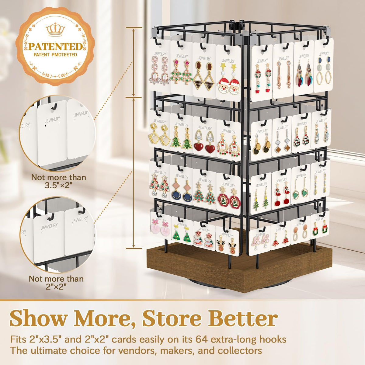 MODOWEY 360° Rotating Earring Cards Organizer Holder Stands, 64 Hooks Brown