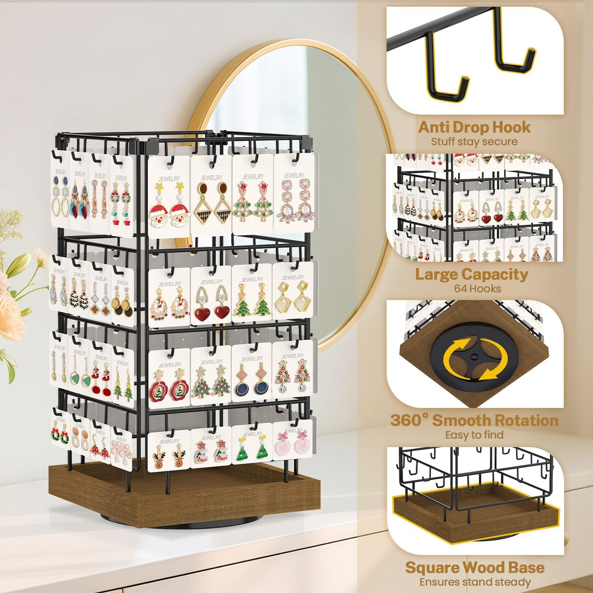 MODOWEY 360° Rotating Earring Cards Organizer Holder Stands, 64 Hooks Brown