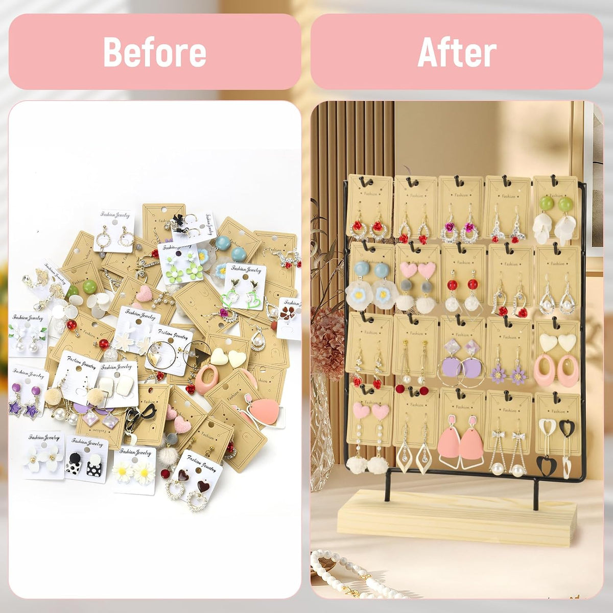 Earring Display Stands for Selling 4 Tier 20 Hooks Jewelry Display Wooden Base Earring Holder Organizer Display Stand for Earings Necklaces Rings Bracelets Keychains (Black)