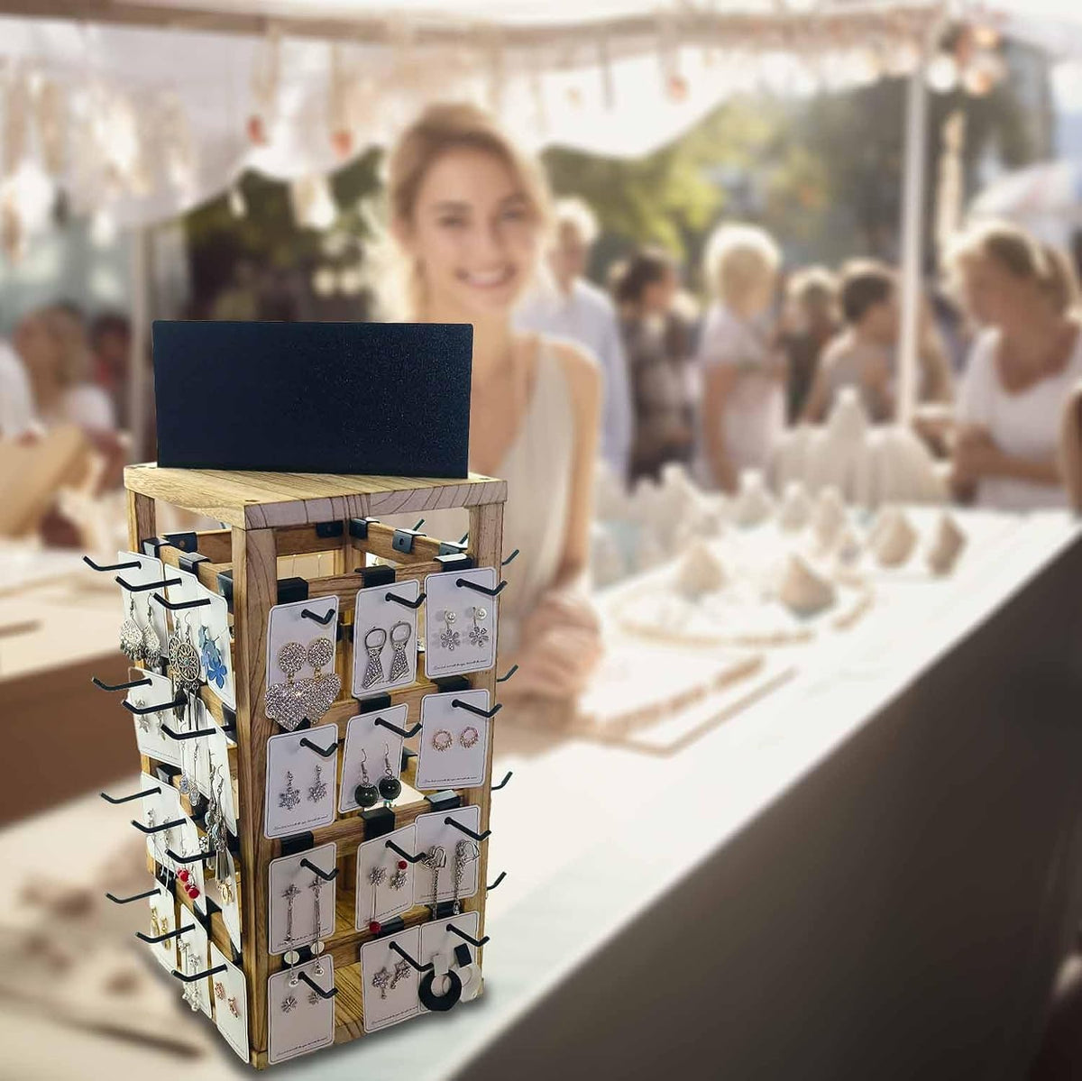 Rotating Jewelry Stand-48 Removable Hooks & Ad Board For Vendor(Brown)