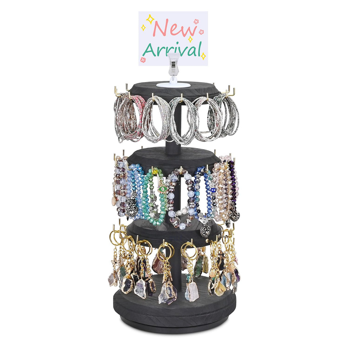 MOOCA Rotating Wooden Jewelry Display with 48 Hooks, Brown