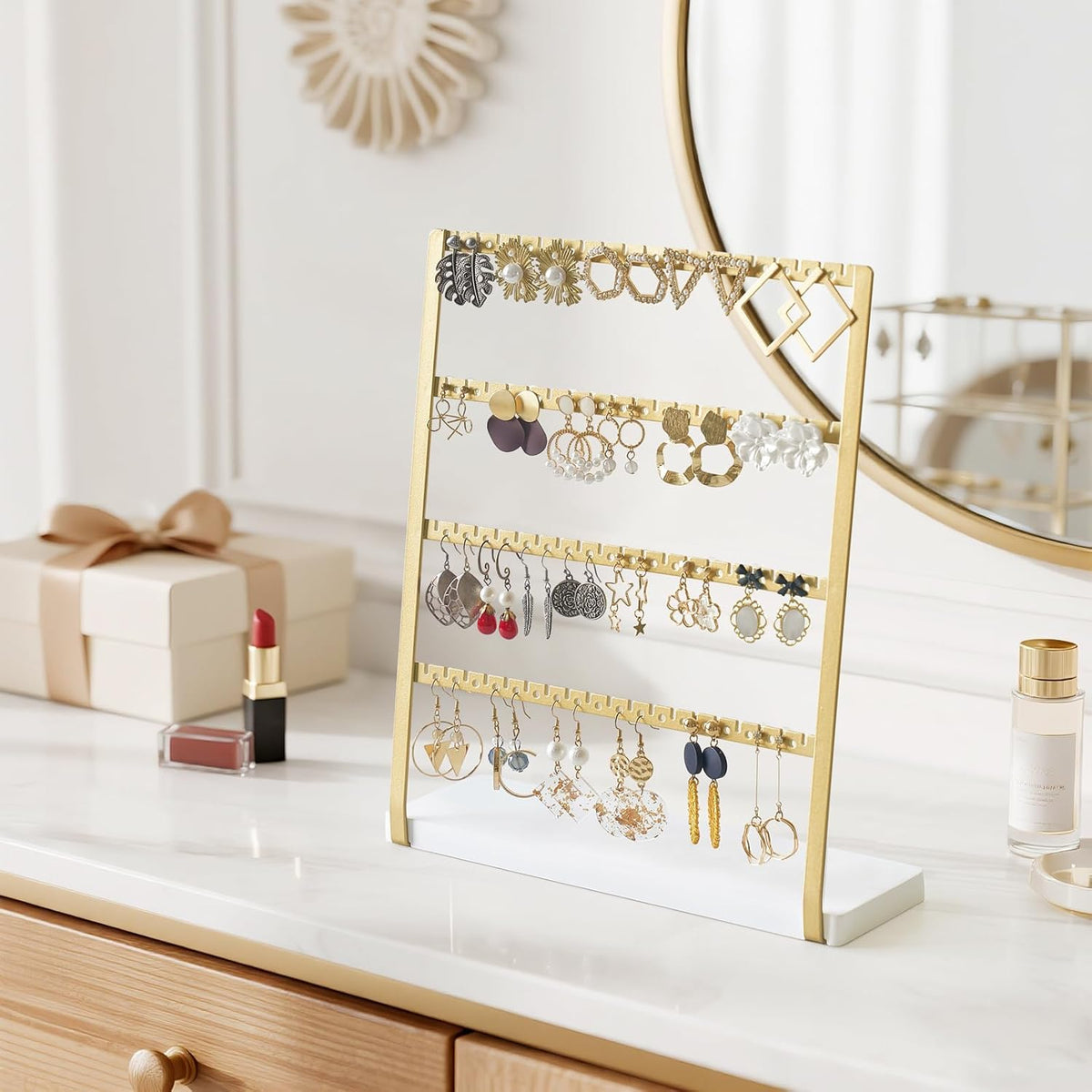 Mkono 4-Tier Earring Holder Organizer Gold Metal Jewelry Display Stand Rack