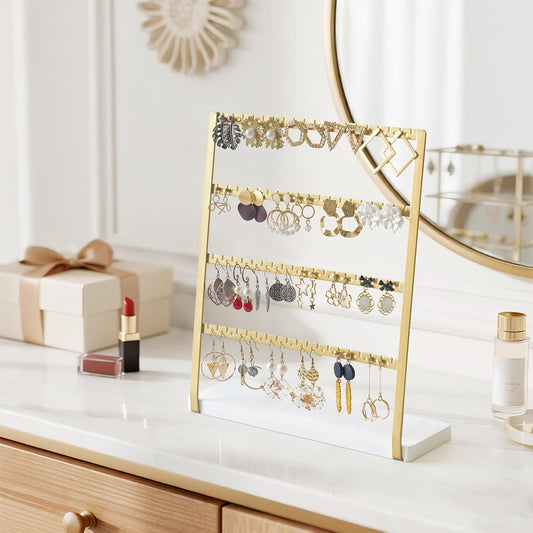 Mkono 4-Tier Earring Holder Organizer Gold Metal Jewelry Display Stand Rack