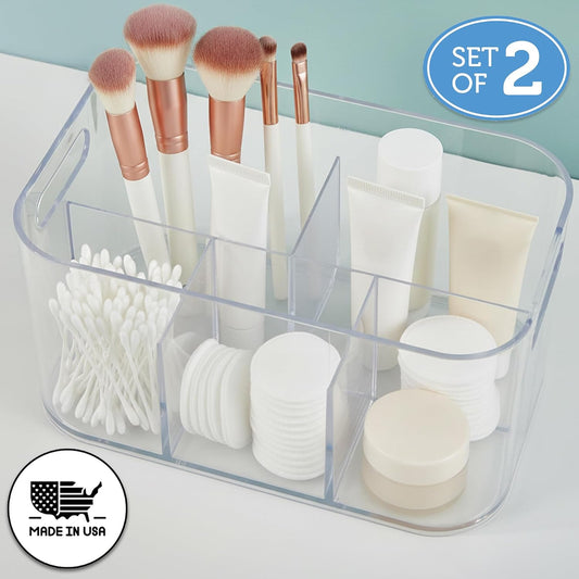 STORi Bliss 5-Compartment Plastic Cosmetics Storage Organizer, Set of 2 | Clear | Rectangular Divided Makeup Bin & Vanity Caddy with Pass-Through Handles | Round Corner Design | Made in USA