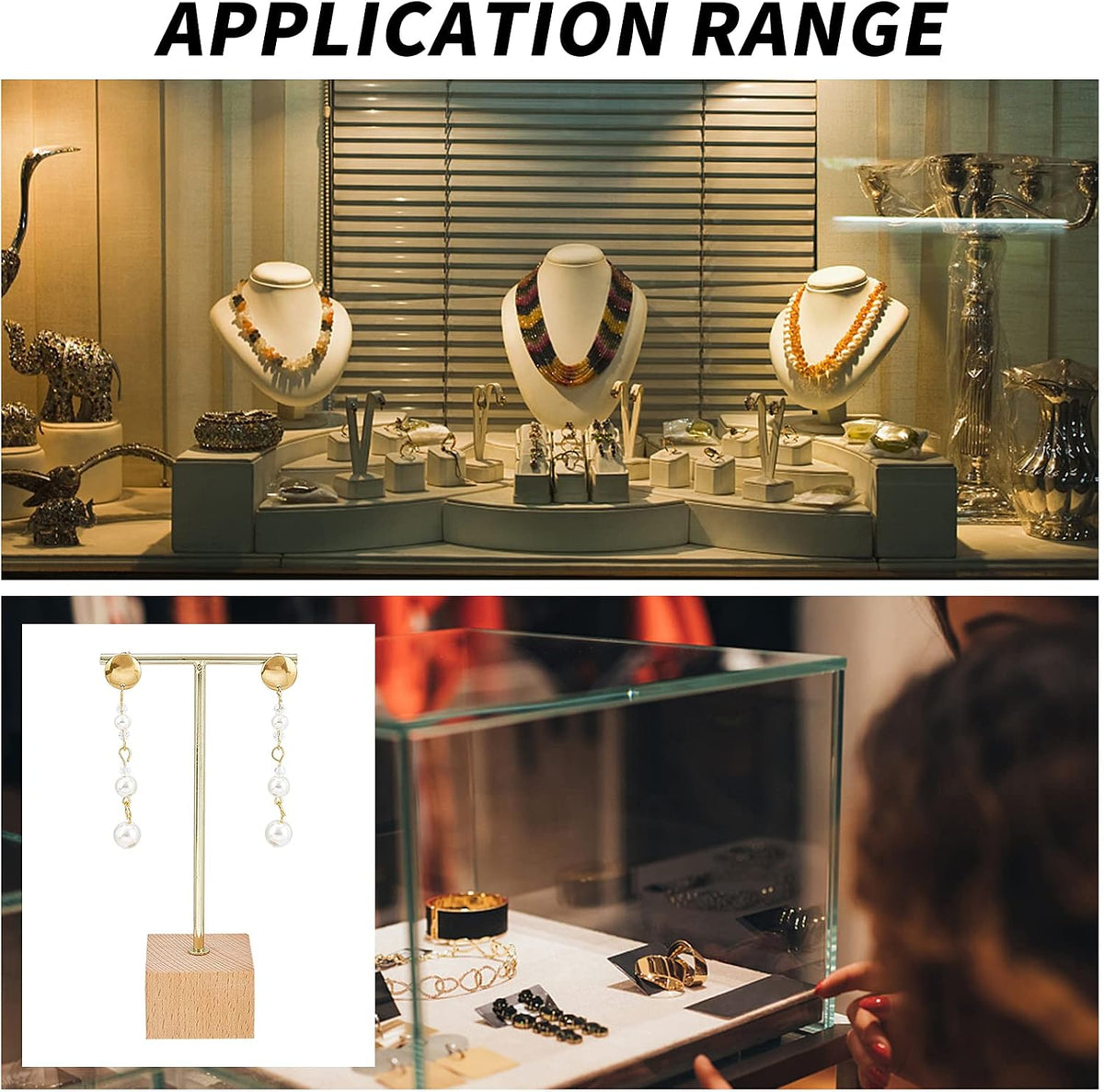 FINGERINSPIRE 3 Pcs Gold Metal T Bar Earring Display Stand 6.3/5.5/4.5 Inch Height Jewelry Stand with Wooden Square Base Earring Hanging Holders Jewelry Organizer for Store Retail Photography Props
