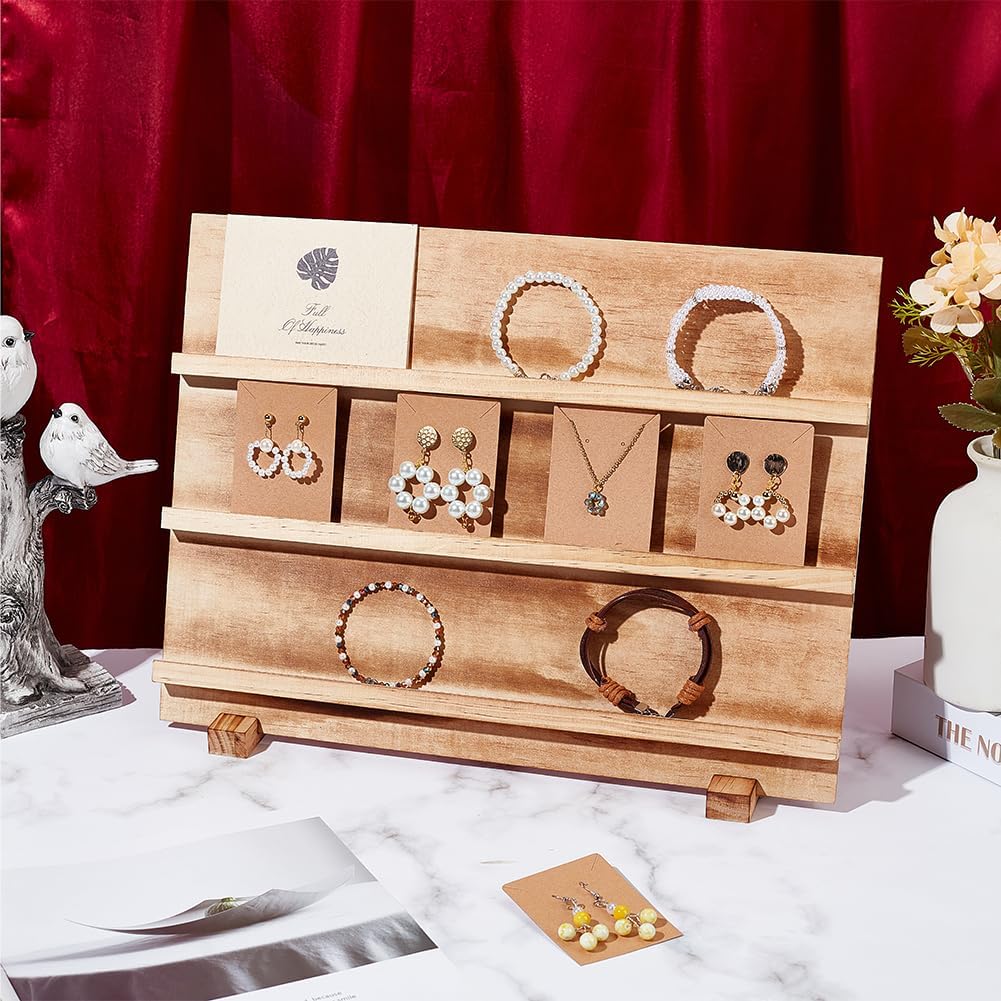 PH PandaHall 3 Tier Earring Cards Stands, Wooden Jewelry Display Stand Rack Removable Shelves Rack, Earring Display Card Holder for Displaying Bookmarks Stickers Jewelry Keychains