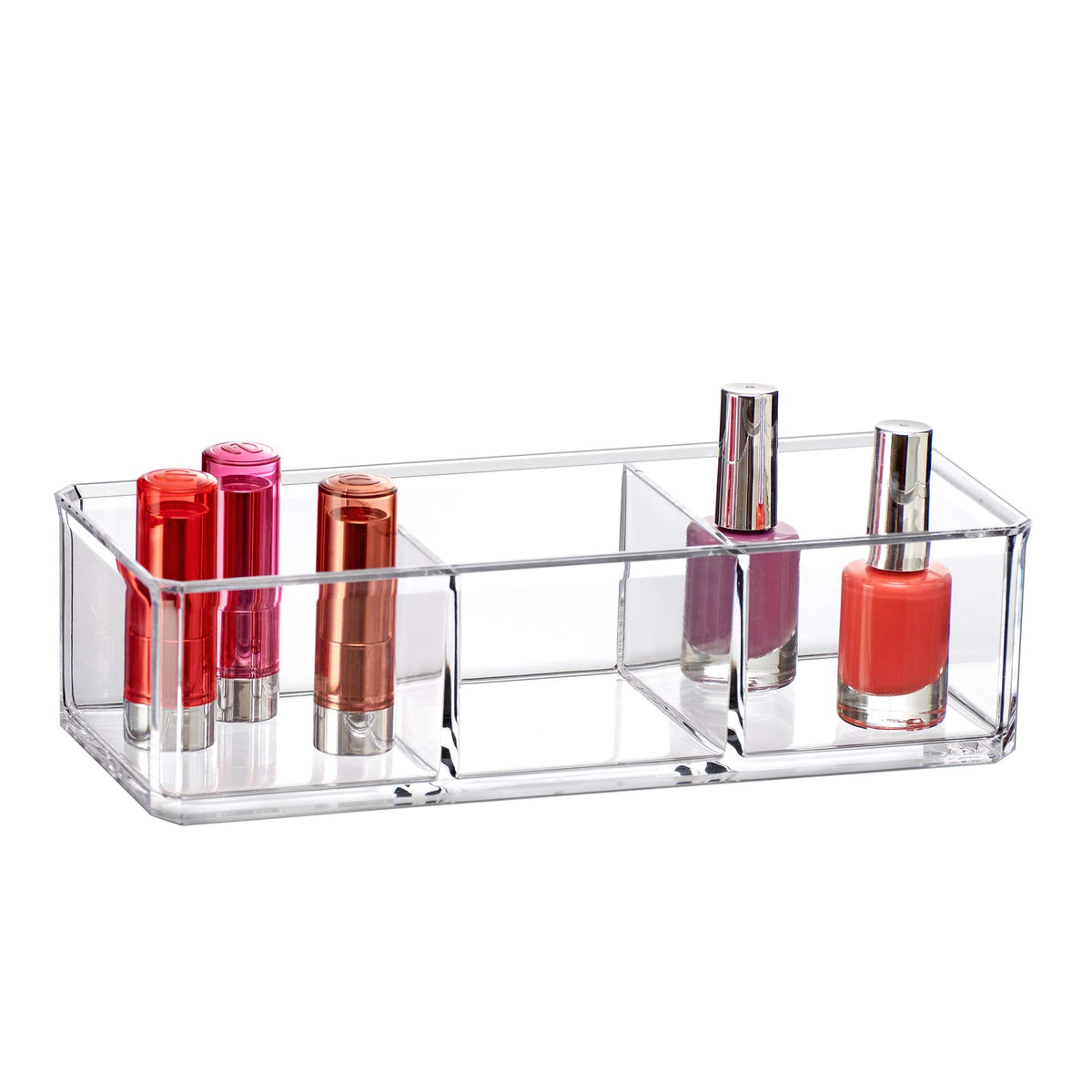 Amazing Abby - Glamour - 2-Pack Acrylic 3-Compartment Makeup Organizer, Transparent Plastic Lipstick Holder, Perfect Bathroom Vanity Storage Solution for Lipsticks, Nail Polishes, and More