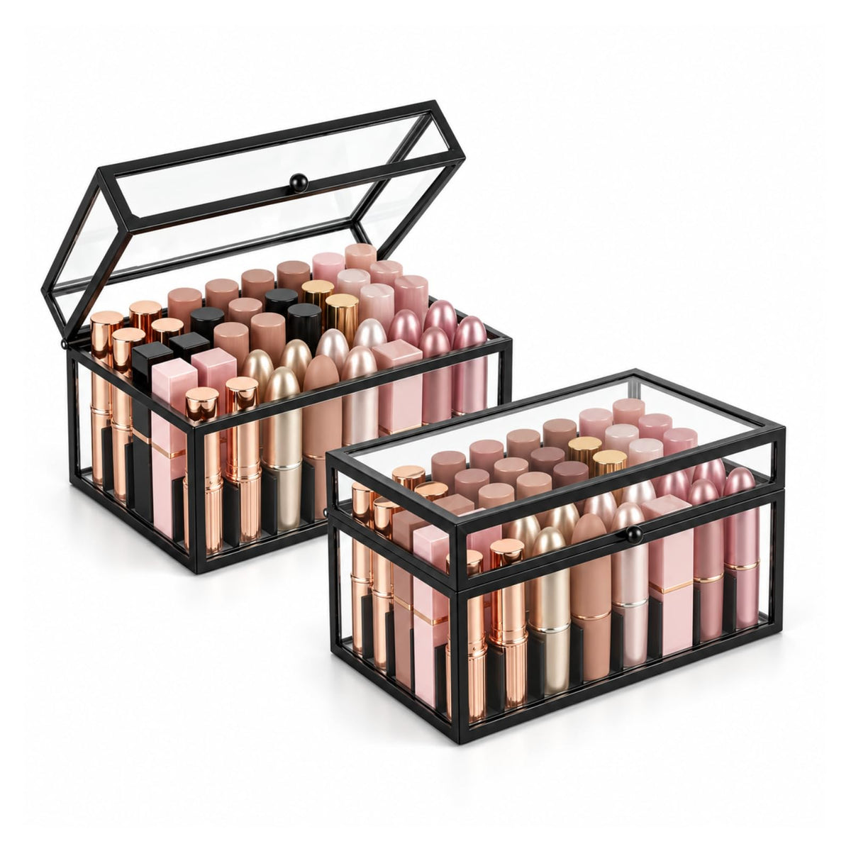 40 Lipsticks Organizer with Lid, Glass Display Box Fits Large Perfume & Skincare, Easy-Access Organiser for Vanity Countertop, Multifunctional Display Box in Any Rooms