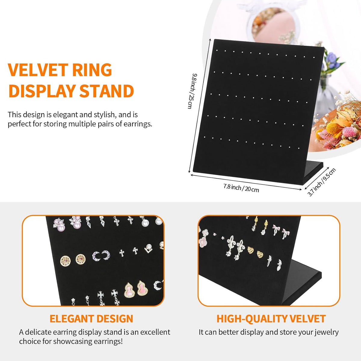 KUKUVR L-Shaped Velvet Earring Display Stand (Black 60 Holes)