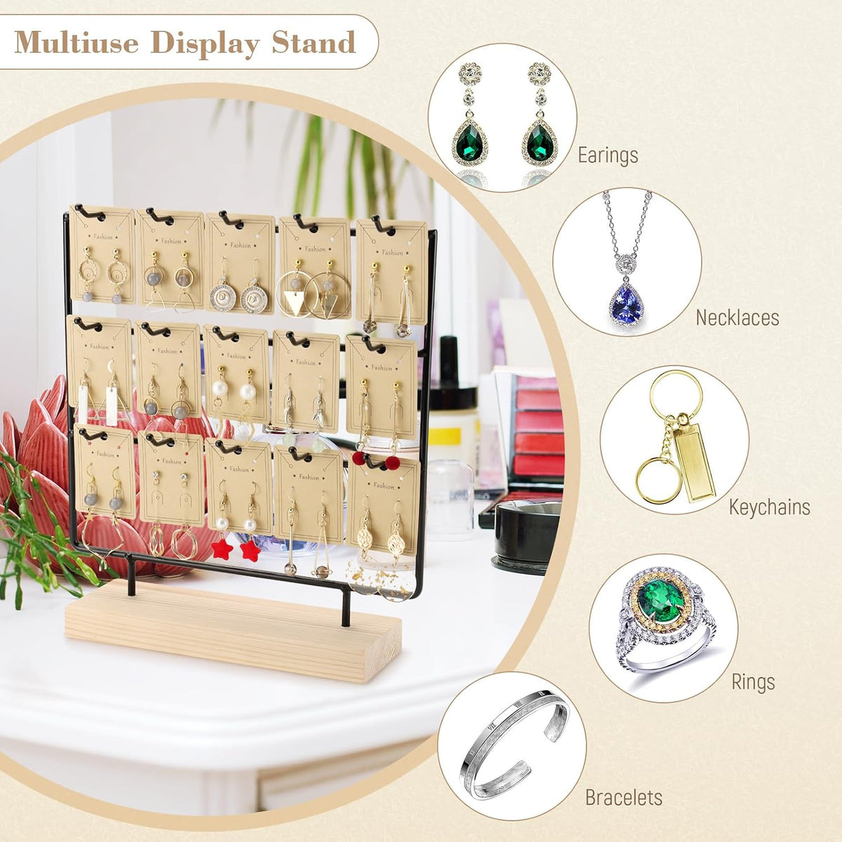 Earring Display Stands for Selling, 3 Tier 15 Hooks Wood Jewelry Organizer