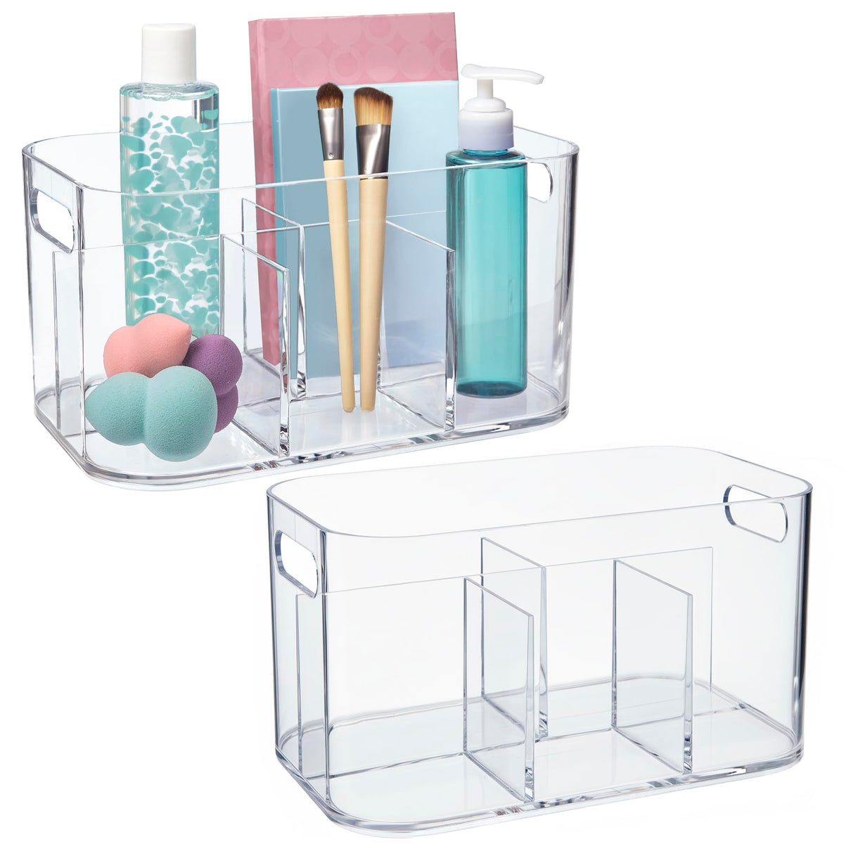 STORi Bliss 5-Compartment Plastic Cosmetics Storage Organizer | Clear | Rectangular Divided Makeup Bin & Vanity Caddy with Pass-Through Handles | Round Corner Design | Made in USA
