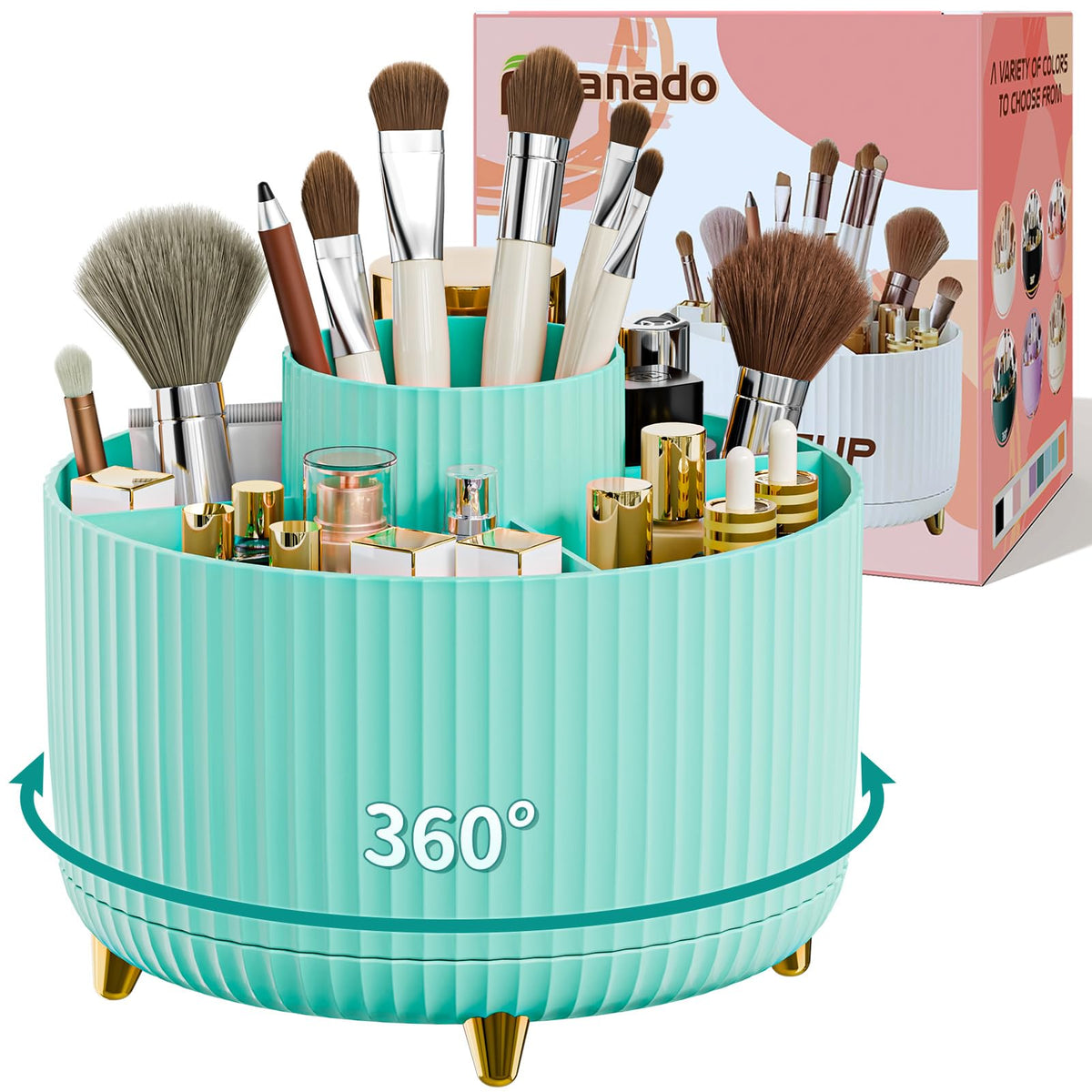 fanado 360° Rotate Makeup Brush Holder Organizer, Makeup Organizers Countertop, Makeup organization and Skincare Storage for Vanity, Desktop, Bathroom (Clear Amber)