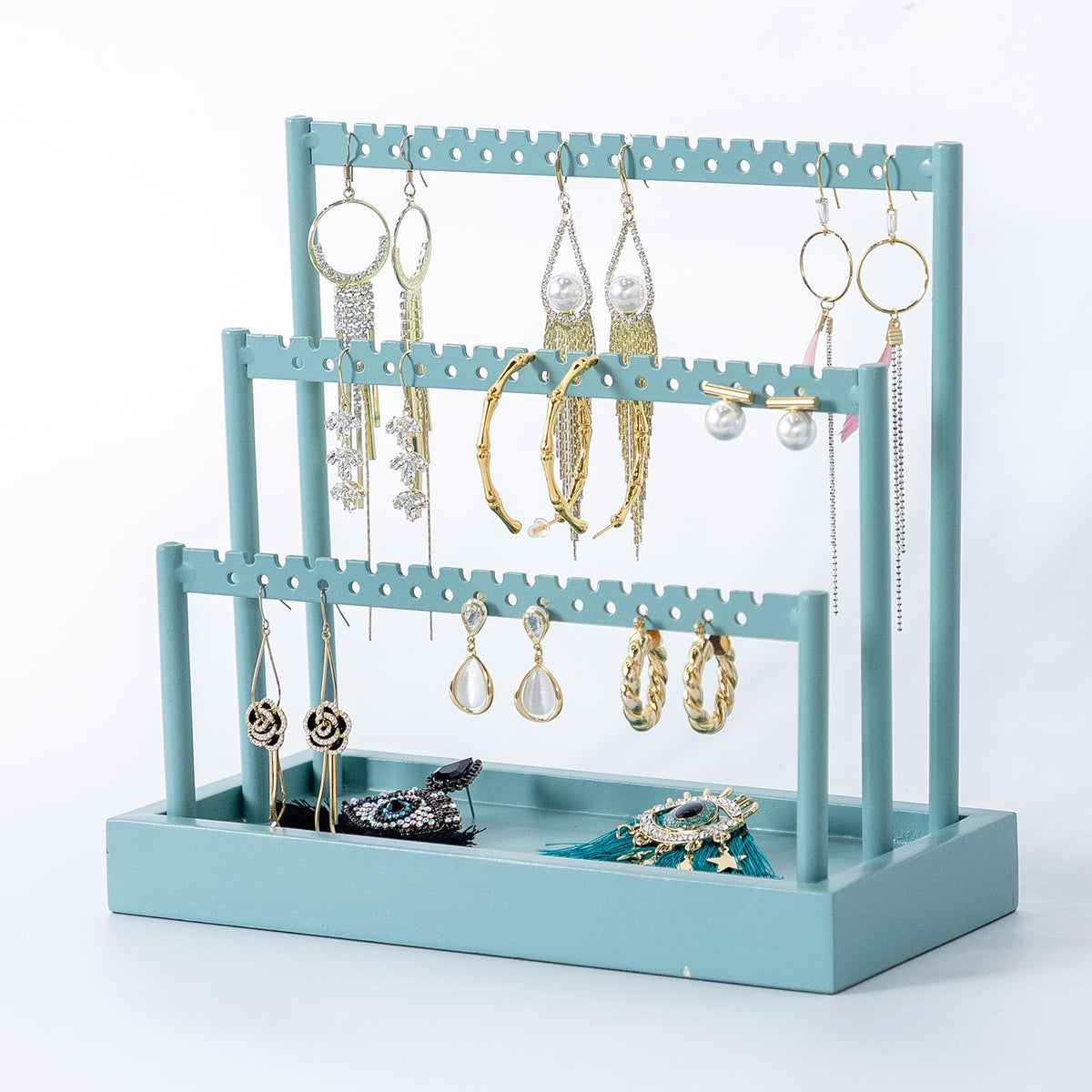 SANY DAYO HOME 3-Tier Earring Holder Organizer Stand, 105 Holes Gold Metal Earring Rack Jewelry Display Tree with White Wood Tray for Women and Girls