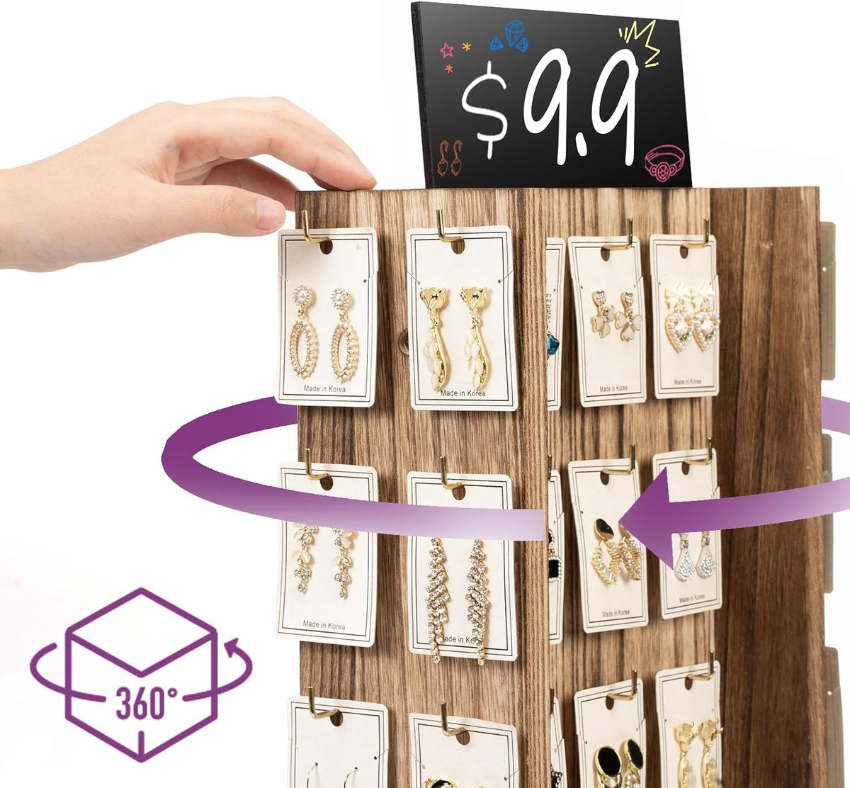 Pinzoveco Rotating Earring Display Stands for Selling with Adversitsing Board, Real Wood Jewelry Display Stand for Vendors, Large Capacity Earring Cards for Selling Rack Holder (Carbonized Brown)