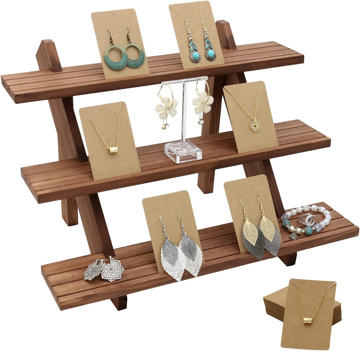 51pcs 3-Tier Wood Earring Display Stand, Retail Display Riser Earring, Ring Holder Stand, Removable Countertop Small Merchandise Display Stand with 50 Pcs Earring Card (Light Brown)
